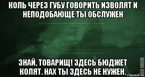 коль через губу говорить изволят и неподобающе ты обслужен знай, товарищ! здесь бюджет колят. нах ты здесь не нужен., Мем Игра слов 2