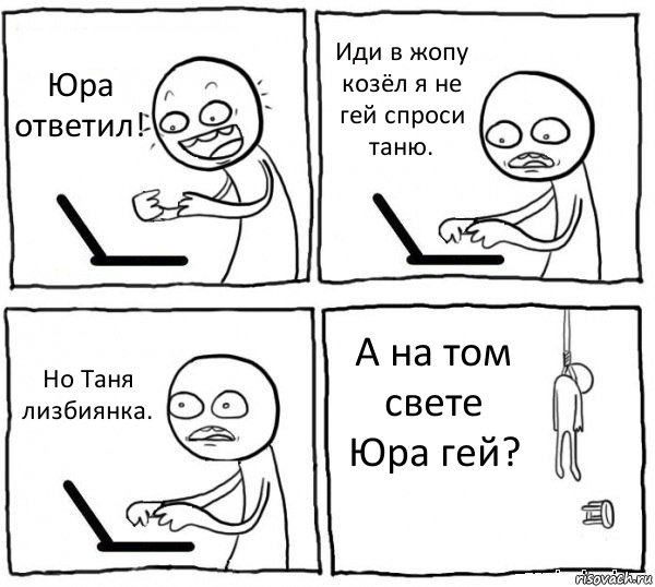 Юра ответил! Иди в жопу козёл я не гей спроси таню. Но Таня лизбиянка. А на том свете Юра гей?, Комикс интернет убивает