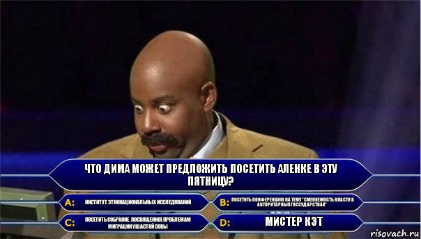 Что Дима может предложить посетить Аленке в эту пятницу? Институт этнонациональных исследований Посетить конференцию на тему "Сменяемость власти в авторитарных госсударствах" Посетить собрание , посвященное проблемам миграции ушастой совы Мистер Кэт, Комикс      Кто хочет стать миллионером