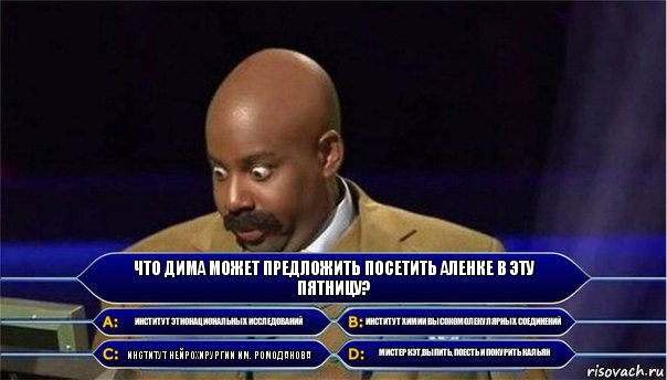 Что Дима может предложить посетить Аленке в эту пятницу? Институт этнонациональных исследований Институт химии высокомолекулярных соединений Институт нейрохирургии им. Ромоданова Мистер Кэт,выпить, поесть и покурить кальян, Комикс      Кто хочет стать миллионером