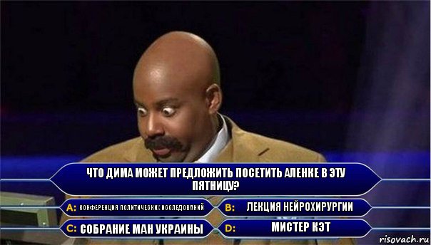 Что Дима может предложить посетить Аленке в эту пятницу? Конференция политических исследований Лекция нейрохирургии Собрание МАН Украины Мистер Кэт, Комикс      Кто хочет стать миллионером