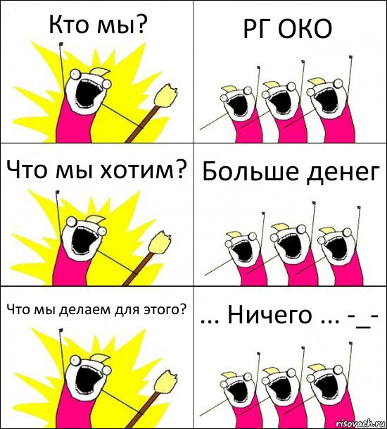 Кто мы? РГ ОКО Что мы хотим? Больше денег Что мы делаем для этого? ... Ничего ... -_-, Комикс кто мы