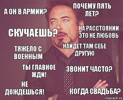 А он в армии? Почему пять лет? Тяжело с военным Не дождешься! Звонит часто? Найдет там себе другую Ты главное жди! Когда свадьба? Скучаешь? на расстоянии это не любовь, Комикс мое лицо