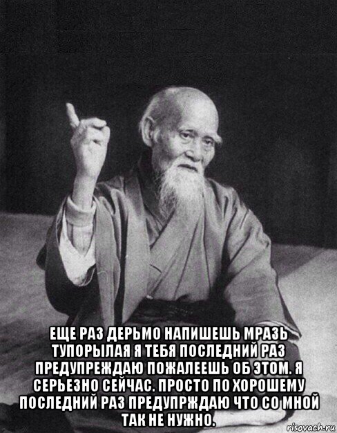  еще раз дерьмо напишешь мразь тупорылая я тебя последний раз предупреждаю пожалеешь об этом. я серьезно сейчас. просто по хорошему последний раз предупрждаю что со мной так не нужно., Мем Монах-мудрец (сэнсей)
