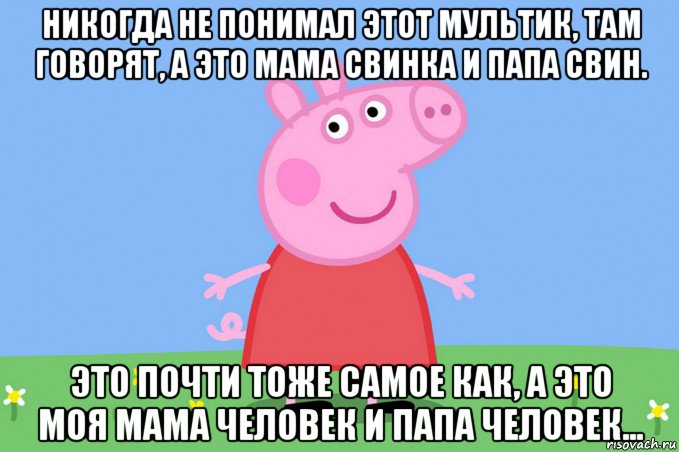 никогда не понимал этот мультик, там говорят, а это мама свинка и папа свин. это почти тоже самое как, а это моя мама человек и папа человек..., Мем Пеппа