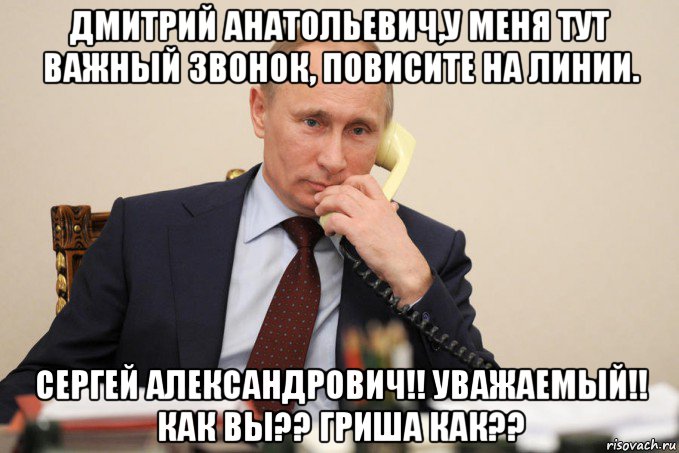 дмитрий анатольевич,у меня тут важный звонок, повисите на линии. сергей александрович!! уважаемый!! как вы?? гриша как??, Мем Путин у телефона