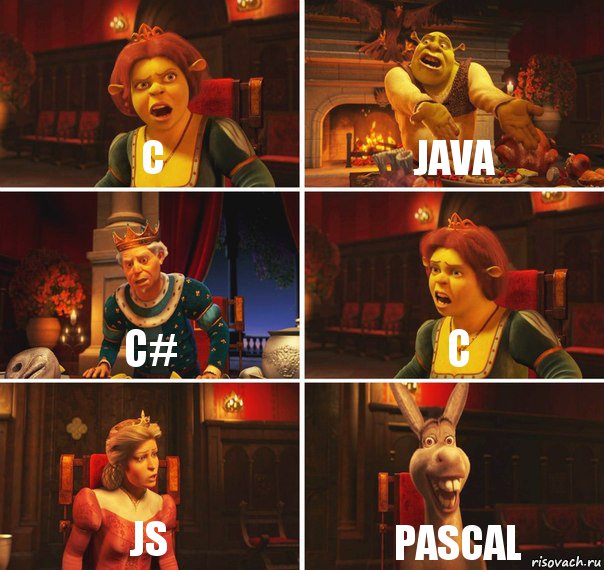 C Java C# C JS Pascal, Комикс  Шрек Фиона Гарольд Осел