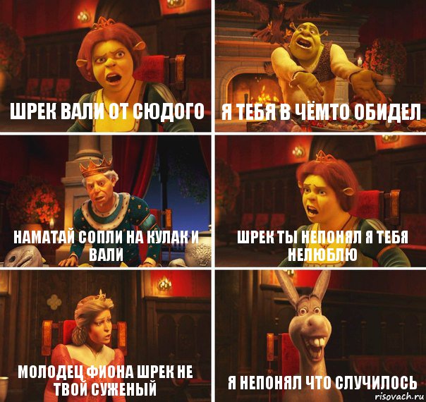 Шрек вали от сюдого Я тебя в чёмто обидел Наматай сопли на кулак и вали Шрек ты непонял я тебя нелюблю Молодец фиона шрек не твой суженый Я непонял что случилось, Комикс  Шрек Фиона Гарольд Осел