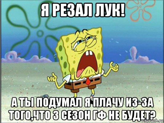 я резал лук! а ты подумал я плачу из-за того,что 3 сезон гф не будет?, Мем Спанч Боб плачет