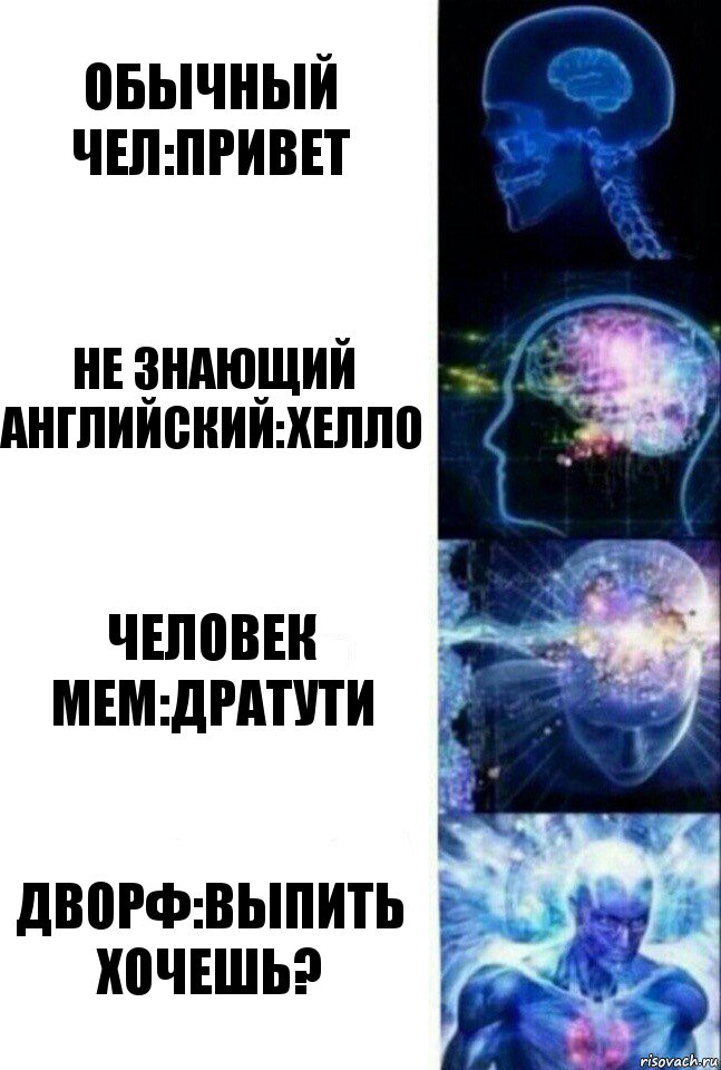 Обычный чел:Привет не знающий английский:Хелло Человек мем:Дратути Дворф:Выпить хочешь?, Комикс  Сверхразум