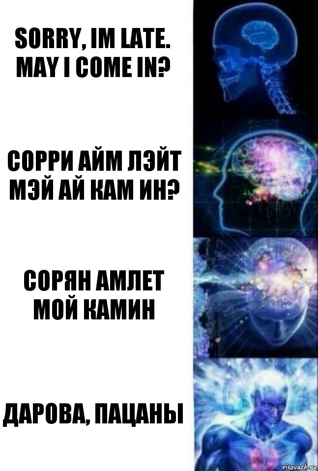 sorry, im late. may i come in? сорри айм лэйт мэй ай кам ин? сорян амлет мой камин дарова, пацаны