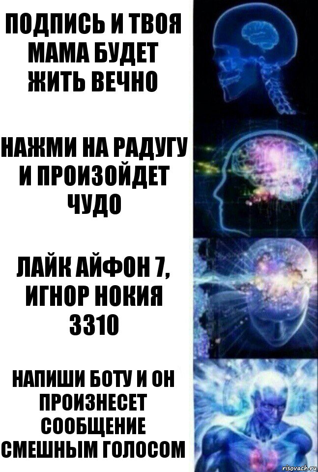 Подпись и твоя мама будет жить вечно Нажми на радугу и произойдет чудо Лайк айфон 7, игнор нокия 3310 Напиши боту и он произнесет сообщение смешным голосом, Комикс  Сверхразум