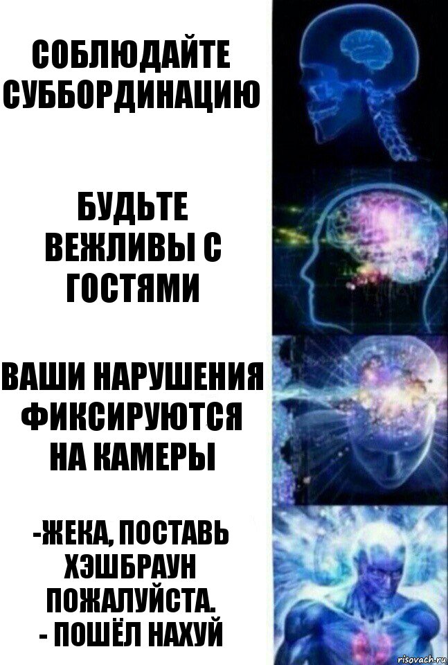 соблюдайте суббординацию Будьте вежливы с гостями Ваши нарушения фиксируются на камеры -Жека, поставь хэшбраун пожалуйста.
- ПОШЁЛ НАХУЙ, Комикс  Сверхразум