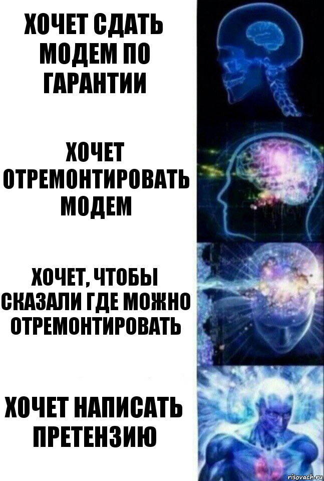 Хочет сдать модем по гарантии Хочет отремонтировать модем Хочет, чтобы сказали где можно отремонтировать Хочет написать претензию, Комикс  Сверхразум