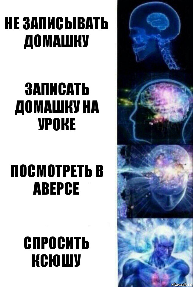 Не записывать домашку Записать домашку на уроке Посмотреть в аверсе Спросить Ксюшу, Комикс  Сверхразум