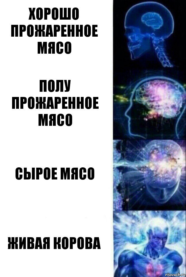 ХОРОШО ПРОЖАРЕННОЕ МЯСО ПОЛУ ПРОЖАРЕННОЕ МЯСО сырое мясо живая корова, Комикс  Сверхразум