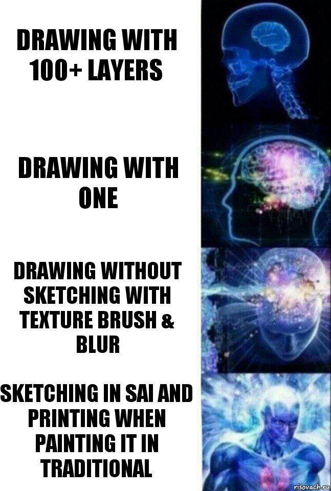 drawing with 100+ layers drawing with one drawing without sketching with texture brush & blur Sketching in sai and printing when painting it in traditional, Комикс  Сверхразум