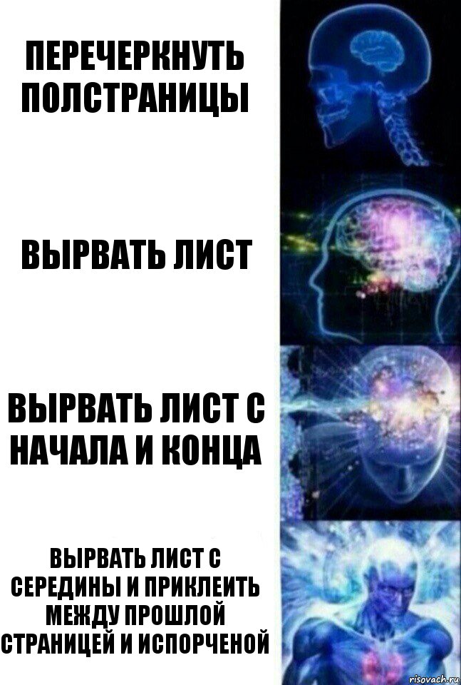 Перечеркнуть полстраницы Вырвать лист Вырвать лист с начала и конца Вырвать лист с середины и приклеить между прошлой страницей и испорченой, Комикс  Сверхразум