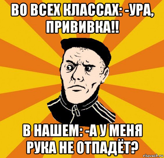 во всех классах: -ура, прививка!! в нашем: -а у меня рука не отпадёт?, Мем Типовий Титушка