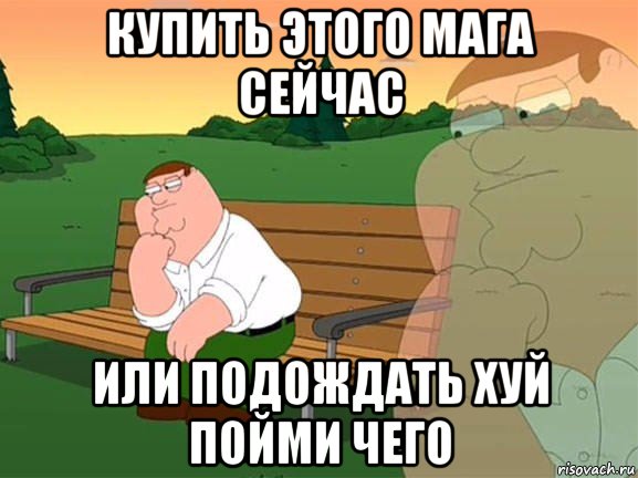 купить этого мага сейчас или подождать хуй пойми чего, Мем Задумчивый Гриффин