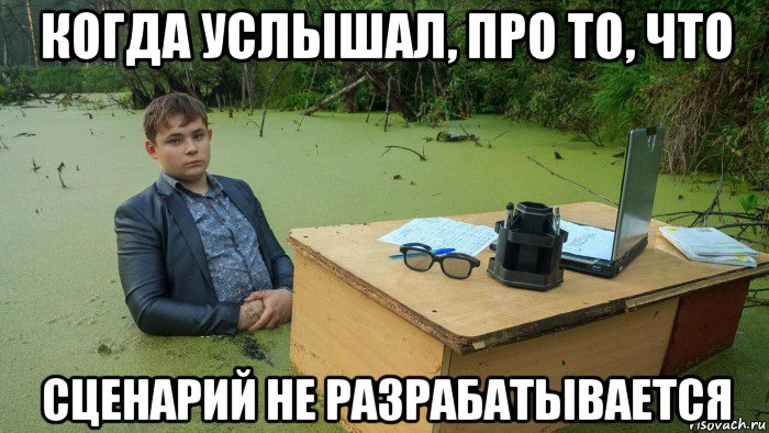 когда услышал, про то, что сценарий не разрабатывается, Мем  Парень сидит в болоте