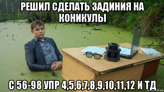 решил сделать задиния на коникулы с 56-98 упр 4,5,6,7,8,9,10,11,12 и тд, Мем  Парень сидит в болоте