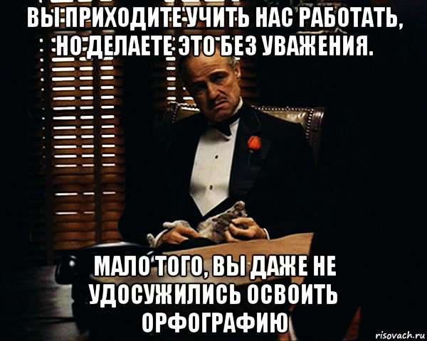 вы приходите учить нас работать, но делаете это без уважения. мало того, вы даже не удосужились освоить орфографию, Мем Дон Вито Корлеоне