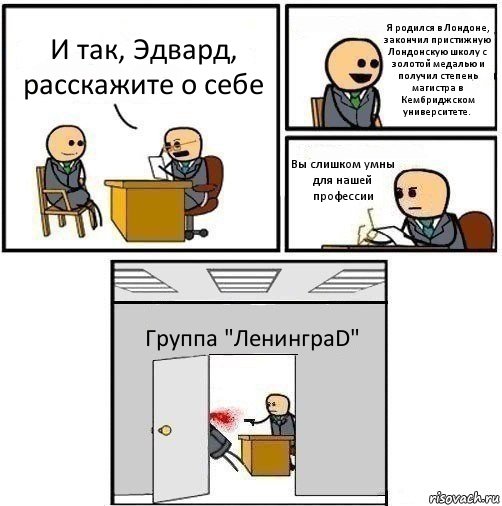 И так, Эдвард, расскажите о себе Я родился в Лондоне, закончил пристижную Лондонскую школу с золотой медалью и получил степень магистра в Кембриджском университете. Вы слишком умны для нашей профессии Группа "ЛенинграD", Комикс   Не приняты