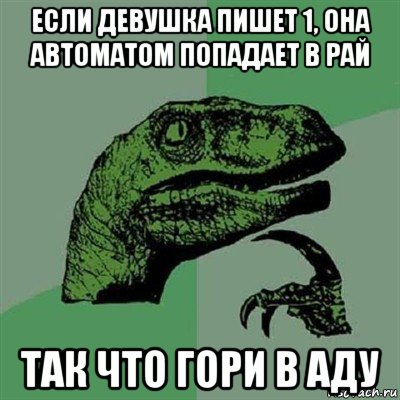 если девушка пишет 1, она автоматом попадает в рай так что гори в аду, Мем Филосораптор