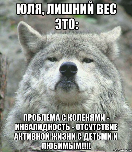 юля, лишний вес это: проблема с коленями - инвалидность - отсутствие активной жизни с детьми и любимым!!!!, Мем    Гордый волк