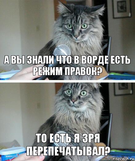 А вы знали что в ворде есть режим правок? То есть я зря перепечатывал?, Комикс  кот с микрофоном