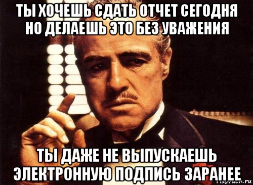 ты хочешь сдать отчет сегодня но делаешь это без уважения ты даже не выпускаешь электронную подпись заранее, Мем крестный отец