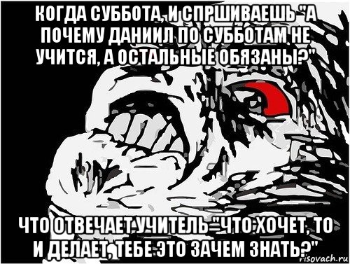 когда суббота, и спршиваешь "а почему даниил по субботам не учится, а остальные обязаны?" что отвечает учитель "что хочет, то и делает, тебе это зачем знать?", Мем в ужасе