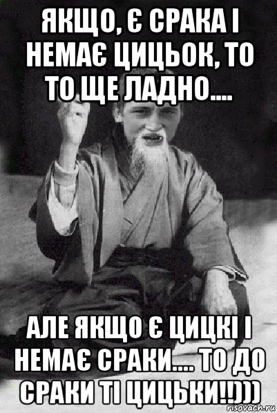 якщо, є срака і немає цицьок, то то ще ладно.... але якщо є цицкі і немає сраки.... то до сраки ті цицьки!!))), Мем Мудрий паца