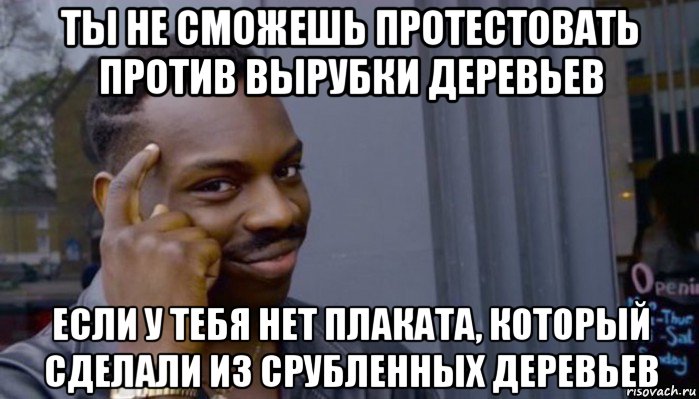 ты не сможешь протестовать против вырубки деревьев если у тебя нет плаката, который сделали из срубленных деревьев, Мем Не делай не будет