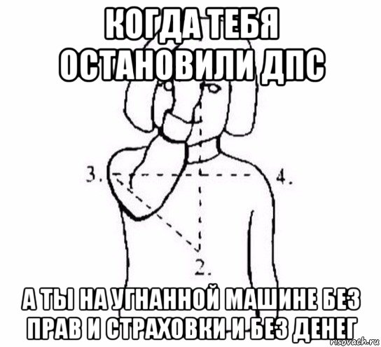 когда тебя остановили дпс а ты на угнанной машине без прав и страховки и без денег, Мем  Перекреститься