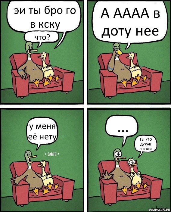 эи ты бро го в кску что? А АААА в доту нее у меня её нету ... ТЫ ЧТО ДУРАК ЧТОЛИ, Комикс  Разговор уток