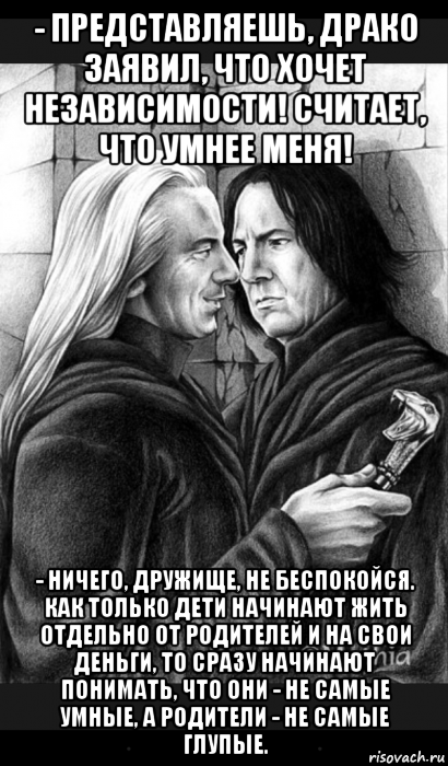 - представляешь, драко заявил, что хочет независимости! считает, что умнее меня! - ничего, дружище, не беспокойся. как только дети начинают жить отдельно от родителей и на свои деньги, то сразу начинают понимать, что они - не самые умные, а родители - не самые глупые., Мем Снейп