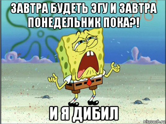 завтра будеть эгу и завтра понедельник пока?! и я дибил, Мем Спанч Боб плачет