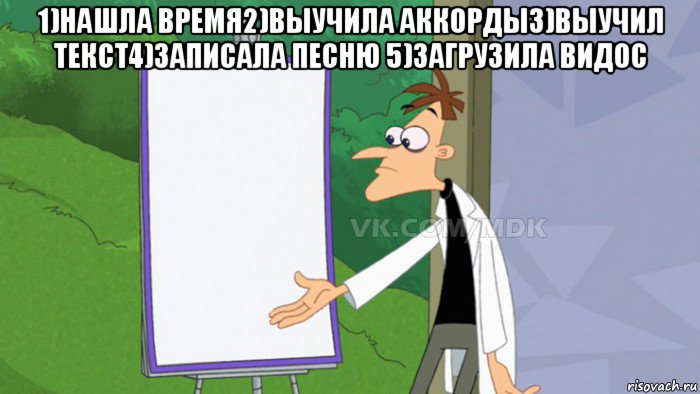 1)нашла время2)выучила аккорды3)выучил текст4)записала песню 5)загрузила видос , Мем  Пустой список