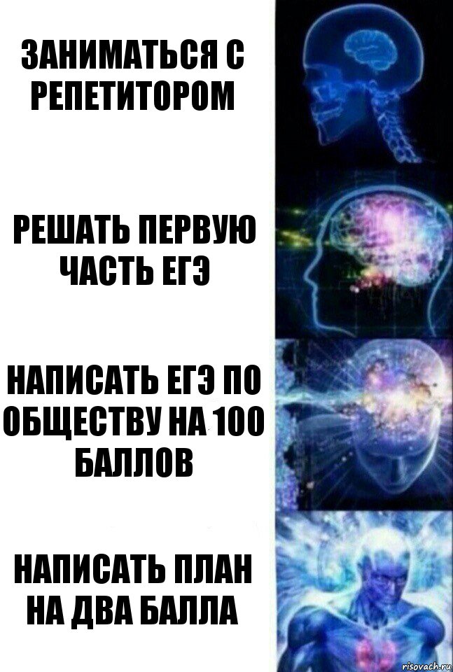 Заниматься с репетитором Решать первую часть егэ Написать егэ по обществу на 100 баллов Написать ПЛАН на два балла, Комикс  Сверхразум