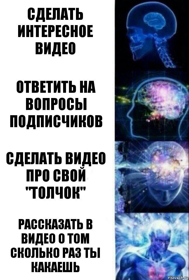 Сделать интересное видео Ответить на вопросы подписчиков Сделать видео про свой "толчок" Рассказать в видео о том сколько раз ты какаешь, Комикс  Сверхразум