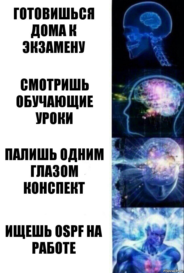 Готовишься дома к экзамену Смотришь обучающие уроки Палишь одним глазом конспект Ищешь OSPF на работе, Комикс  Сверхразум