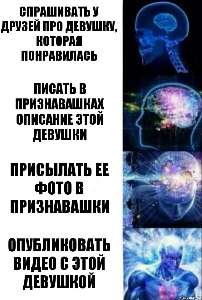 Спрашивать у друзей про девушку, которая понравилась Писать в Признавашках описание этой девушки Присылать ее фото в Признавашки Опубликовать видео с этой девушкой, Комикс  Сверхразум