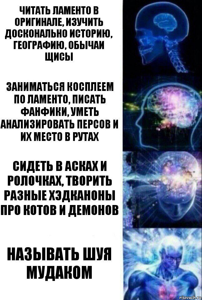 Читать ламенто в оригинале, изучить досконально историю, географию, обычаи щисы заниматься косплеем по ламенто, писать фанфики, уметь анализировать персов и их место в рутах сидеть в асках и ролочках, творить разные хэдканоны про котов и демонов называть шуя мудаком, Комикс  Сверхразум