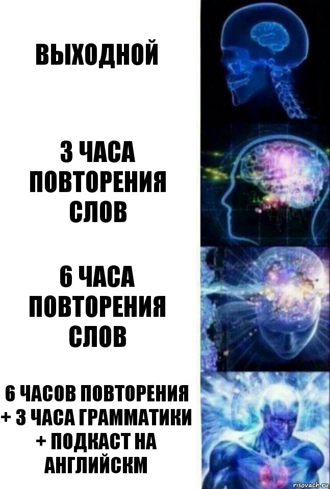 Выходной 3 часа повторения слов 6 часа повторения слов 6 часов повторения + 3 часа грамматики + подкаст на английскм, Комикс  Сверхразум