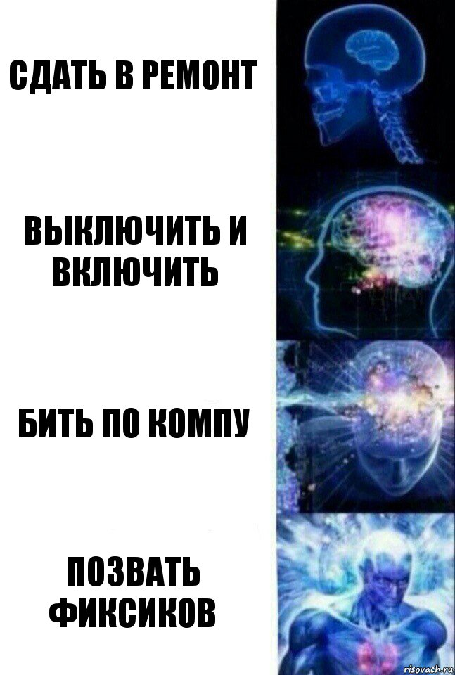 Сдать в ремонт Выключить и включить Бить по компу Позвать фиксиков, Комикс  Сверхразум