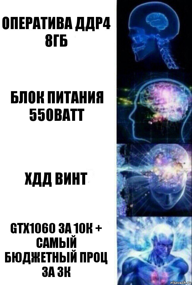 Оператива ДДР4 8гб Блок питания 550Ватт ХДД винт GTХ1060 за 10к + самый бюджетный проц за 3к, Комикс  Сверхразум