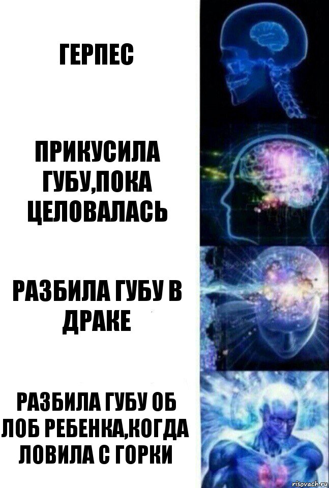 герпес прикусила губу,пока целовалась разбила губу в драке разбила губу об лоб ребенка,когда ловила с горки, Комикс  Сверхразум