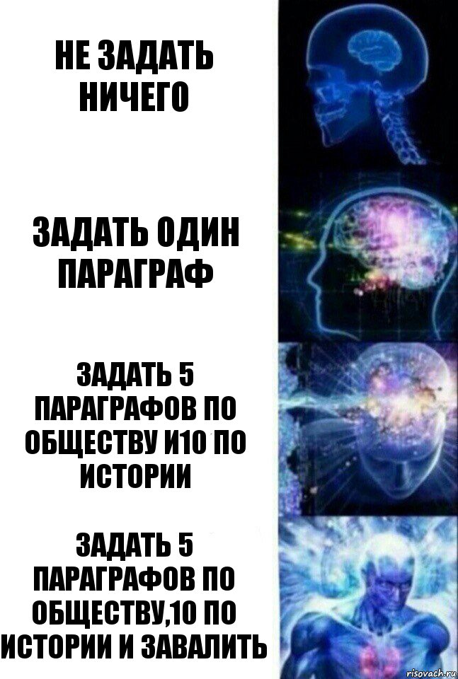 Не задать ничего Задать один параграф Задать 5 параграфов по обществу и10 по истории Задать 5 параграфов по обществу,10 по истории и завалить, Комикс  Сверхразум